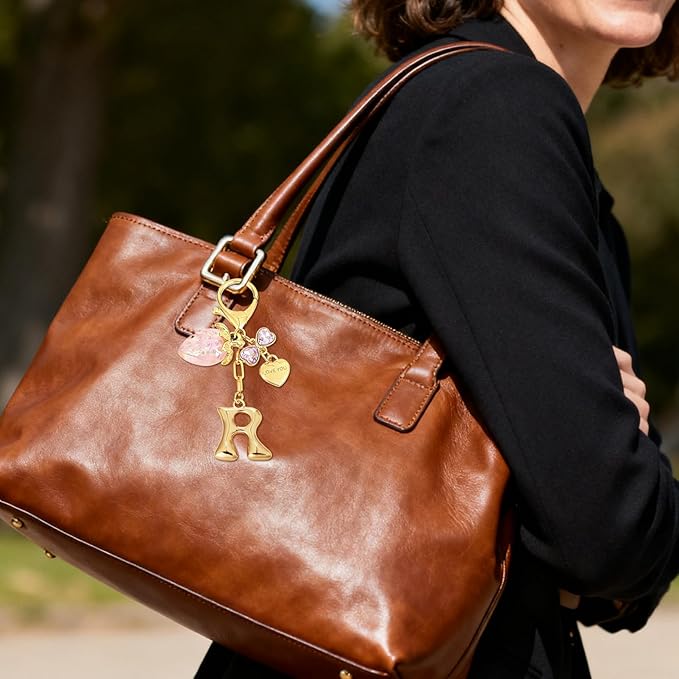 Snycler Bubble Initial Keychain with Strawberry & Bow- Gold Letter Bag Charms for Women, Cute Purse Handbag Accessories