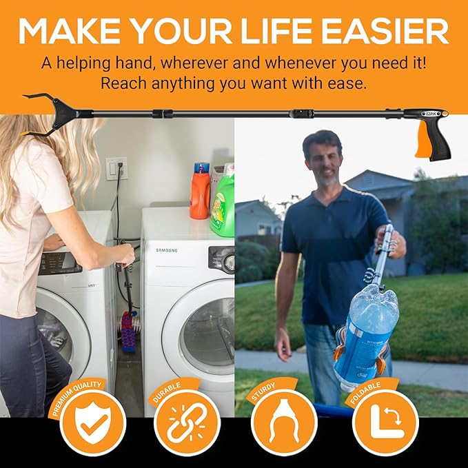 EZPIK Classic 40" Flexible Folding Grabber Tool for Elderly + Magnets, Reacher for Disabled & Seniors Heavy Duty Rotating Grippers for Reaching Underneath, Trash Grabbers & Pickers for Mobility 2-Pack