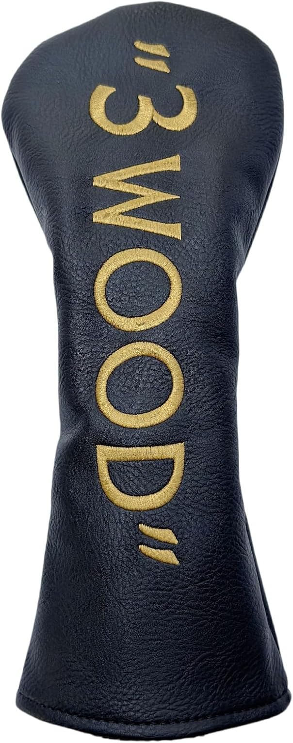Golf Club Headcover 3 Wood Headcover Black n Gold Premium PU Leather Driver #3 Fairway Wood Hybrid Wood Head Cover Fits for All Brand