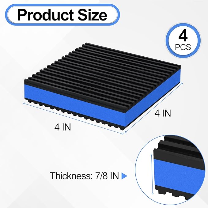 4 Pack Anti Vibration Pads for Washing Machine 4"x4"x7/8", Sound Isolation Vibrating Pad Ribbed Rubber Damping Mat EVA Center for Air Compressors, Conditioner, Treadmill, HVAC Washer Dryer