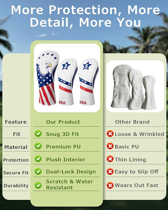 Golf Head Covers, 3 Pack Golf Club Head Covers USA Stars and Stripes, Velour Lined for Extra Club Protection, Designed to Fit All Woods and Drivers Velour Lined