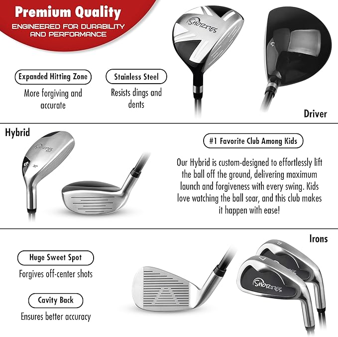 Shorties Golf - Kids Golf Club Set | Perfect for Toddler Golfers and Kids 34"-38" Tall | EasyCarry Stand Bag | Driver, 7-Iron, Putter, Headcover, and Rain Cover