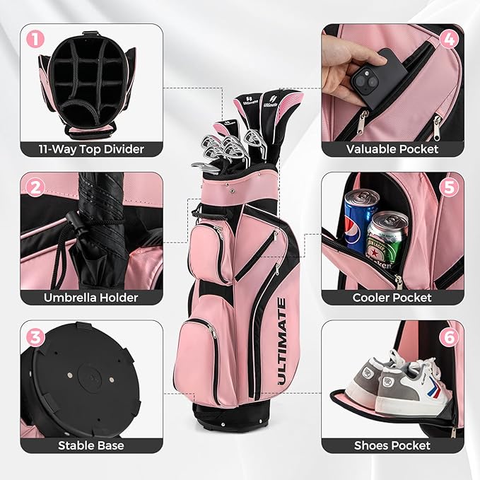 ULTIMATE Women's Complete Golf Club Set, 9/11pcs Right Handed Ladies Golf Clubs Set w/ 460cc Alloy Driver, #3 Fairway Wood, Hybrid, #6/#7/#8/#9/#P Irons & Putter