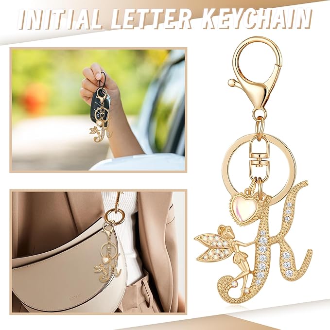 Gold Plated Alphabet Initial Letter Keyring Keychain for Women Girls Crystal Key Chains for Wallet Backpack Bag Charm