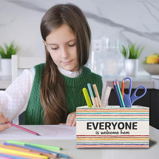 Boho Diversity Inclusion Classroom Decor Pen Pencil Holder for Desk, Everyone is Welcome Here Equality Wooden Box Sign Desk Decor for Classroom School Counselor Office Decoration