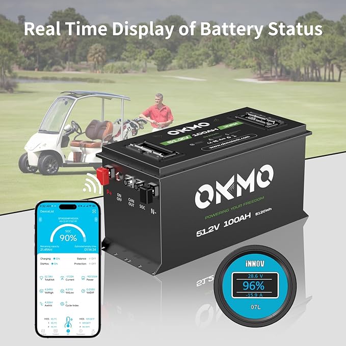 OKMO 48V 100Ah Lithium Golf Cart Battery Built-in Smart 250A BMS with 58.4V 22A Battery Charger APP Supported 4000+ Cycles