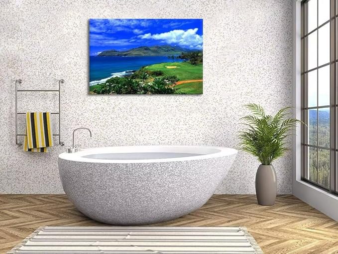 chenchenArt Lagoons Golf Course Wall Art for Living Room Bedroom Bathroom Home Decoration Hawaii Ocean Golf Course Picture Poster Canvas Prints Modern Artwork Framed Ready to Hang(12''H x 16''W)