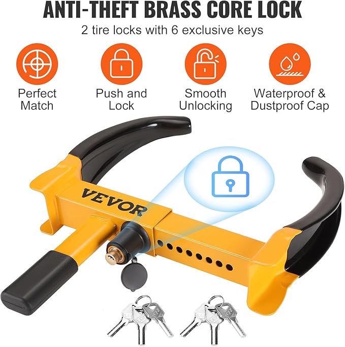 VEVOR Universal Wheel Clamp Lock, 2 Pack Adjustable Anti-Theft Tire Lock, Heavy-Duty Steel for ATV SUV Car Golf Cart Boats Motorcycles, with 6 Keys