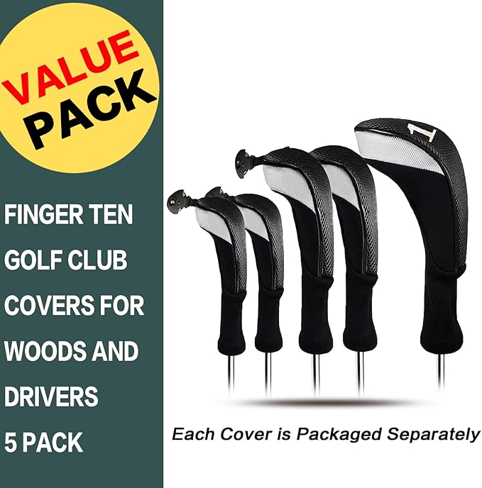 FINGER TEN Golf Club Head Covers Woods Driver Fairway Hybrid 3/4/5 Set, Headcovers Men 1 3 5 7 X Interchangeable Number Tag, Fit All Wood Clubs
