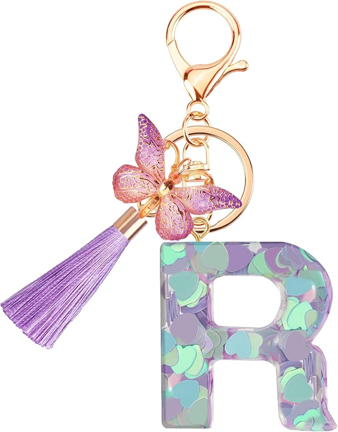 Suweibuke Colourful Cute Initial Letter Keychains for Women Girls with Tassel Butterfly, Charm for Purse Handbags Backpacks