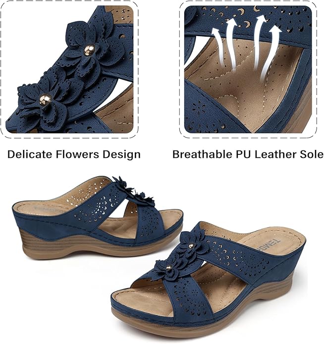 TEMOFON Womens Wedge Sandals Leather: Dressy Sandal, Rubber Sole, Comfortable Walking, Casual Slip on Summer Shoes, Size 5-11