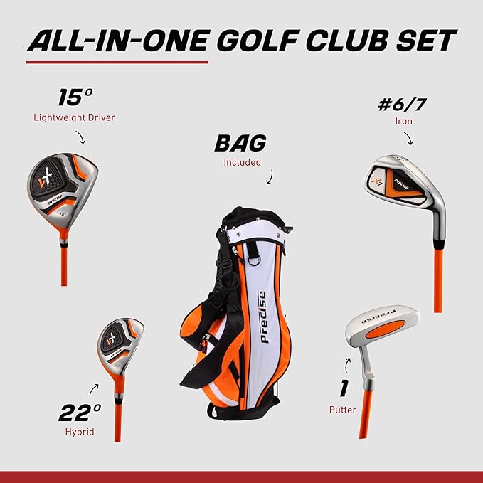 Precise X7 Kids Golf Clubs Set – Boys’ & Girls’ Junior Golf Set with Lightweight Graphite Shafts, Hybrid, Putter & Stand Bag