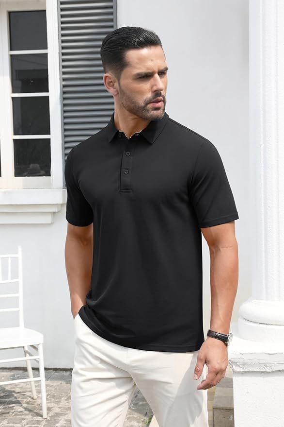 MAGCOMSEN Men's Polo Shirts Short Sleeve Cotton Pique 3 Button Classic Fit Casual T-Shirt Performance Golf Shirts