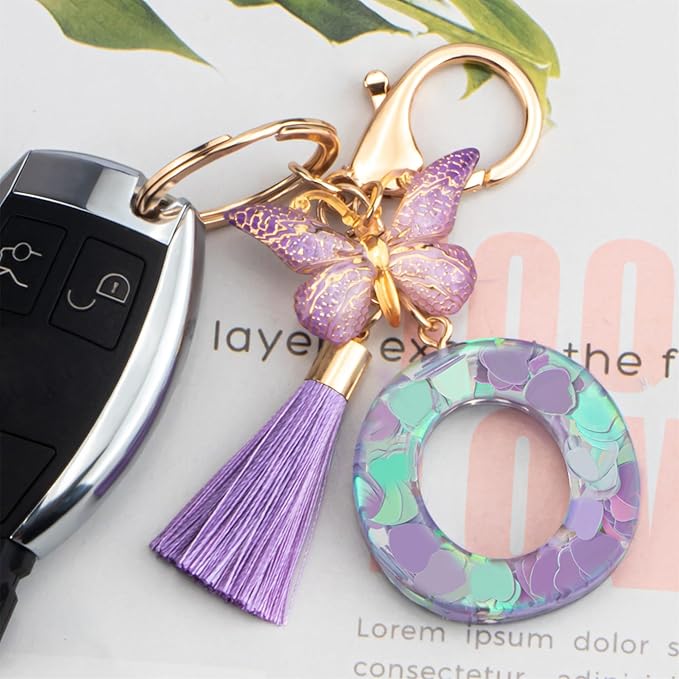 Suweibuke Colourful Cute Initial Letter Keychains for Women Girls with Tassel Butterfly, Charm for Purse Handbags Backpacks