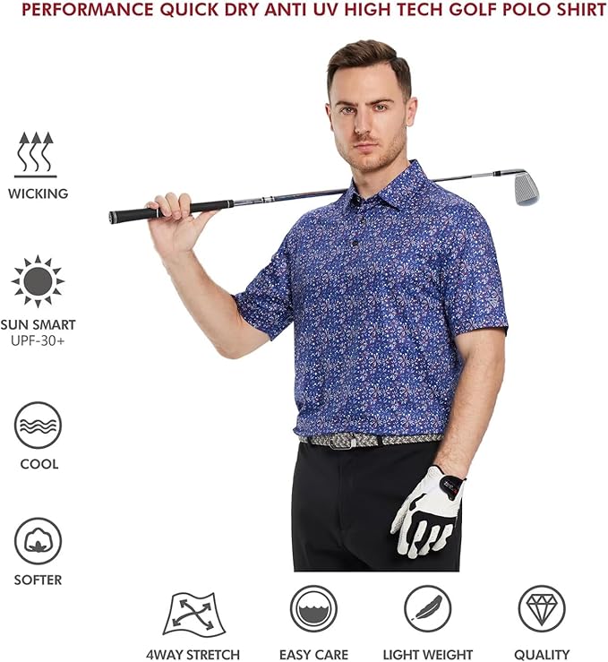 Golf Shirts for Men Dry Fit Short Sleeve Print Performance Moisture Wicking Polo Shirt