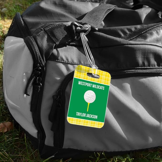 ChalkTalkSPORTS Golf Luggage & Bag Tag | Personalized Team with Golf Ball | Standard Lines on Back | Medium | Yellow/Green