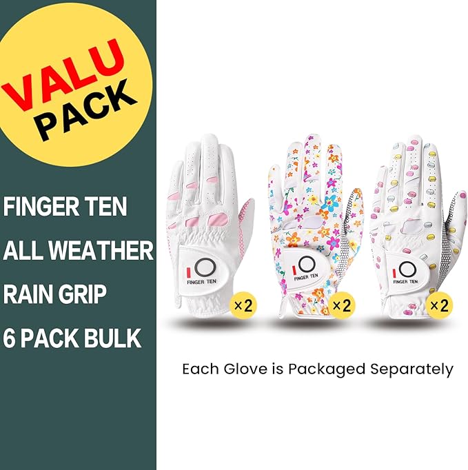 FINGER TEN Women’s Golf Gloves Ladies Left Hand Right Handed Golfer Value 6 Pack, All Weather Rain Grip Glove Pink Fit Small Medium Large XL