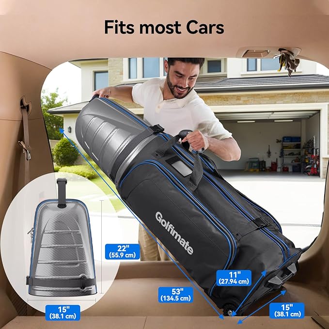 Golf Travel Bag for Airlines with Carbon Fiber Look Hard Top, Protective Club Traveling Cover with Wheel, Golf Club Carrier Case for Airplanes, Thick Padding, Durable Zippers, 2 Spacious Side Pockets