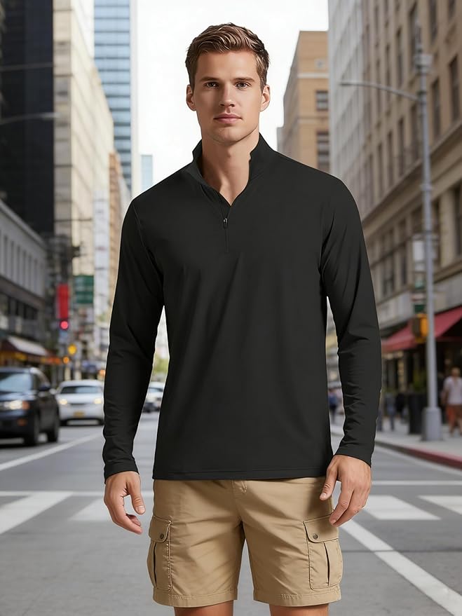 Mens Long Sleeve Shirts Quarter Zip Pullover UPF 50+ Sun Protection Wicking Moisture Workout Running Casual Athletic Tops