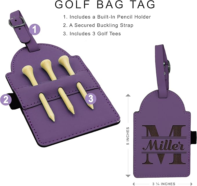 Custom Engraved Golf Luggage and Bag Tag - Personalized Golfing Accessories Gift for Golfer, Mom, Dad, Him, Her (Purple)