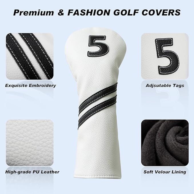 Golf Club Covers,4pcs or 1pc Golf Headcovers for Woods and Driver Fairway Hybrids Women Men - Premium PU Leather with Interchangeable Tags & Magnetic Blade and Mallet Putter Covers