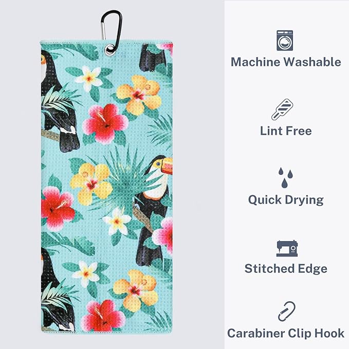 Microfiber Golf Towels for Golf Bags & Carts - Premium Weave Waffle & Ball Towels with Carabiner Clip, Essential Accessories for Men, Women, and Kids, Golfer Gifts, Set of 2 (Toucan)