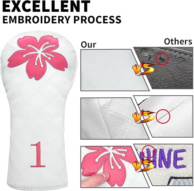 Grid Cherry Blossom Design Golf Covers PU Headcovers Set Fits Driver Fairway Wood Hybrid Utility Woods Iron Wedge Headcover, Premium Leather Golf Headcovers