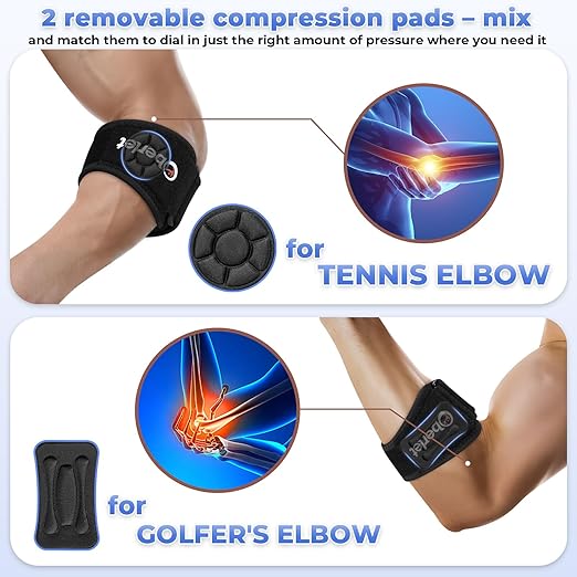 Tennis & Golfer's Elbow Brace for Men & Women with Tendonitis & Elbow Pain Relief - Adjustable Strap & Compression Pads, Arm Forearm Support Band - Black 1 Pack