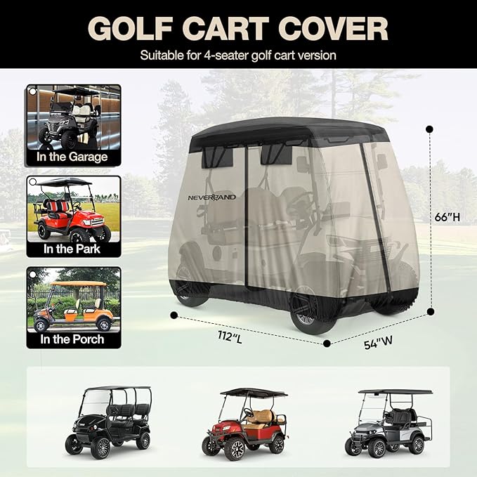 NEVERLAND Golf Cart Cover 4 Passenger - Outdoor Waterprood Golf Cart Covers, 420D Club Car Golf Cart Covers With Air Vent&Zipper Compatible with EZGO Yamaha Club Car 4 Seat (Up to 112 Inch)Black+Brown