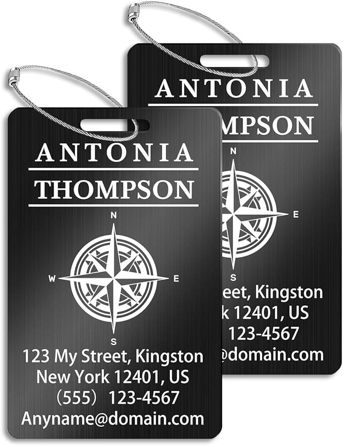 Custom Stainless Steel Luggage Tags (2 Pack) - Personalized Laser Engraved Luggage Tag, Waterproof Durable, for Bags, Backpack Travel, Suitcases (Black)