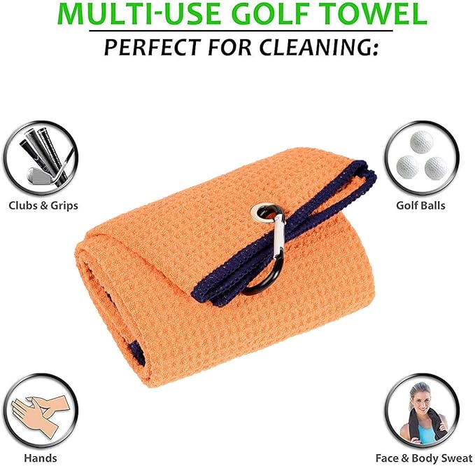 Golf Towels, Microfiber Waffle Pattern Tri-fold Golf Towel - Brush Tool Kit with Club Groove Cleaner, with Clip Men Women Golf Gifts (Orange Towel+Black Brush)