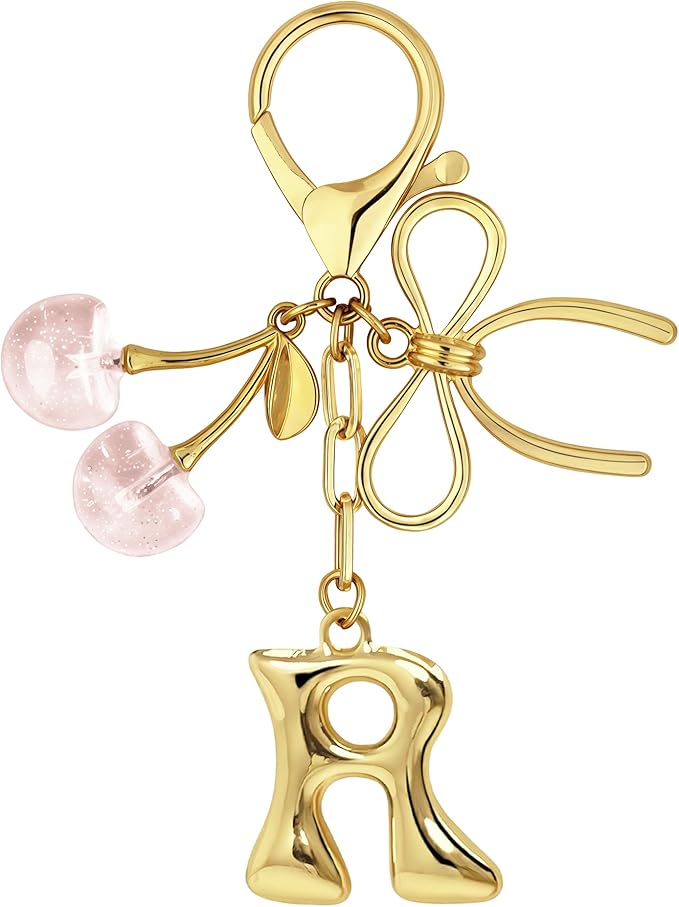 Gold Bubble Heart, Cherry, Bow & More Designs Letter Initial Keychain Bag Charms – Cute Purse Charms for Handbags