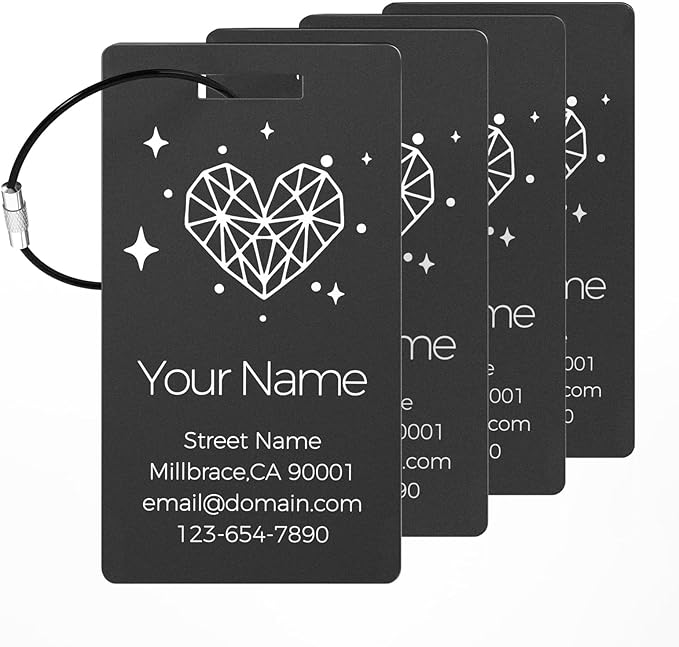 4 Personalized Metal Luggage Tags for Suitcase, Laser Engraved with Text and Logo, Custom Aluminum Name Tags with Stainless Steel Ring, for Travel, Golf Bag, and Baggage (Black)