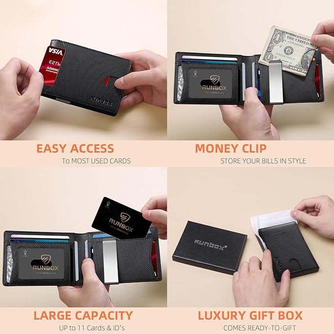 RUNBOX Money Clip Wallets for Men,Slim Leather Mens Bifold Wallet,RFID Blocking Front Pocket Wallet,Thin Credit Card Holder with Gift Box