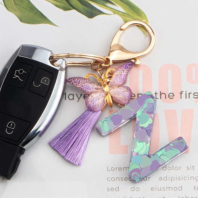 Suweibuke Colourful Cute Initial Letter Keychains for Women Girls with Tassel Butterfly, Charm for Purse Handbags Backpacks
