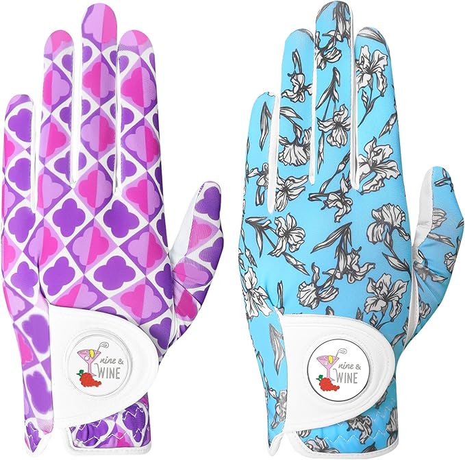Golf Gloves Women with Ball Marker 2 Pack, Right Handed Golfer Left Hand, Ladies Breathable Soft All Weather Grip Glove Fit Size Small Medium Large XL