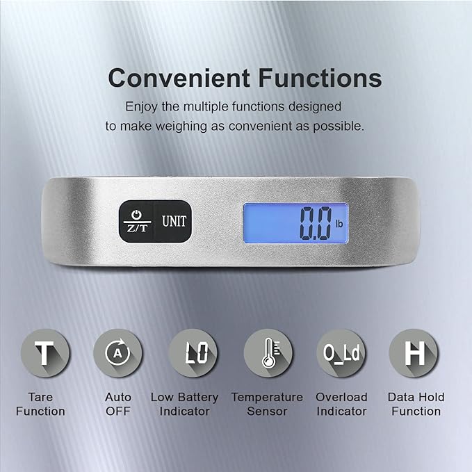 travel inspira Luggage Scale, Portable Digital Hanging Baggage Scale for Travel, Suitcase Weight Scale with Rubber Paint, 110 Pounds, Battery Included, Sliver, 2 Pcs