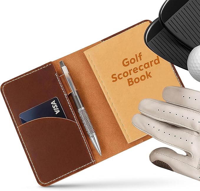 Refillable Golf Scorecard Holder–Full Grain Leather Golf Yardage Book Cover w/Golf Scorecard Book, Pencil Holder & Card Slot–Great Gift for Golfers-Unique Golf Gifts for Men & Women(Pen not included)