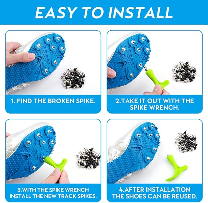 96PCS Alloy Steel Track Spikes, 32pcs 1/8in + 32pcs 3/16in + 32pcs 1/4in Track and Cross Country Spikes Golf Shoe Spike with Spike Wrench, Replacement for Sprint Sports Short Running