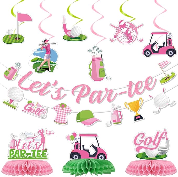 Pink Golf Party Decorations - 11PCS Golf Birthday Decorations Lets Partee Banners Hanging Swirls Honeycomb Centerpieces Sport Themed Party Birthday Decor Supplies for Women Girls