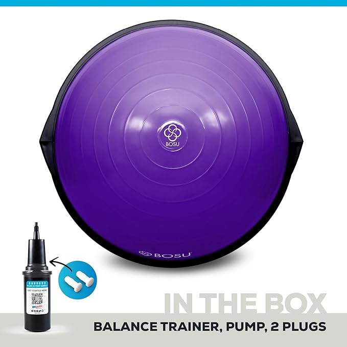 Bosu Balance Ball Exercise Trainer, Home Gym Equipment w/ Guided Workouts & Pump, 26", Blue - Inflatable Fitness Platform for Strength Training, Standing, Balancing, and Core Workout