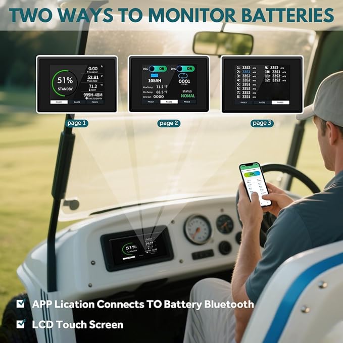 48V 150AH Lithium Golf Cart Battery with Charger, Built in 200A BMS with Touch Monitor & Mobile APP, 48V Lithium Battery with 1000A Peak Current, Max 10.24kW Output 70 Miles Range for Golf Cart