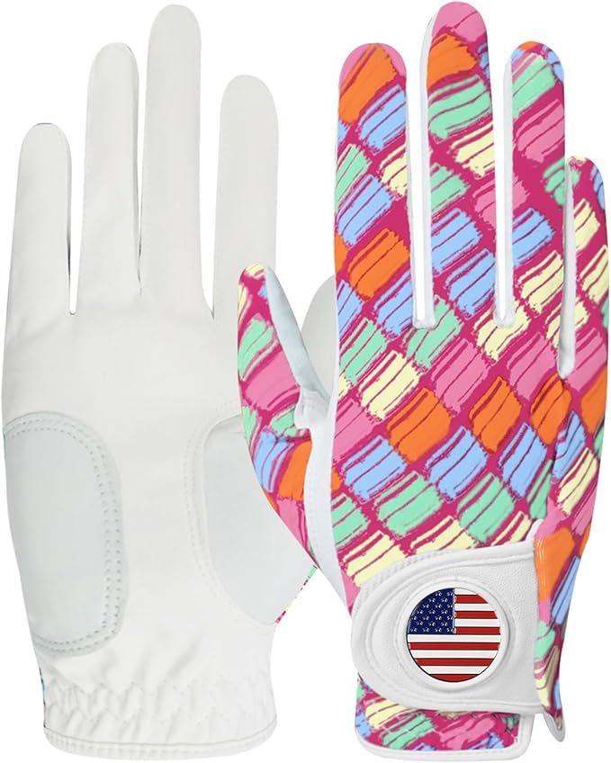 Amy Sport Womens Golf Glove with Ball Marker Rain Left Right Hand Leather Printed Pack, Ladies Golf Gloves All Weather Grip Breathable Soft Size Small Medium Large XL