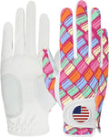 Amy Sport Womens Golf Glove with Ball Marker Rain Left Right Hand Leather Printed Pack, Ladies Golf Gloves All Weather Grip Breathable Soft Size Small Medium Large XL