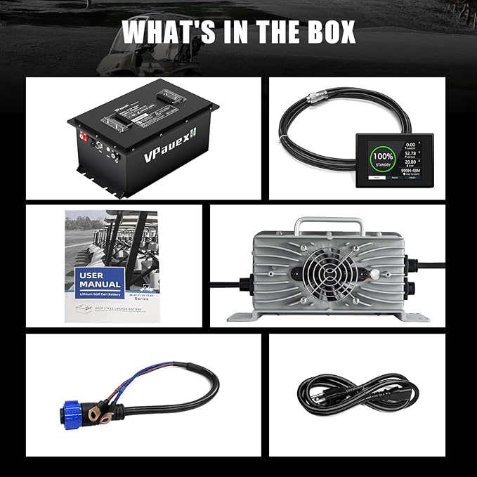 48V 105Ah Lithium Golf Cart Battery,48V Golf Cart Batteries with 22A Lithium Fast Charger,Built-in 200A BMS,Metal Casing,Supports Mobile APP,Touch Monitor,6000+ Cycles,Peak Current 600A