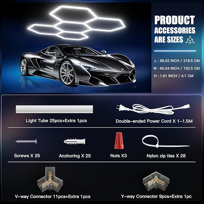 JTT Hexagon Garage Lights, 200W 20000LM 5 Grids 25Pack LED Garage Hexagon Lights, 6500K Super Bright Car Detailing Ceiling LED Shop Light for Warehouse Workshop Gym Basement Car Care Wash Room