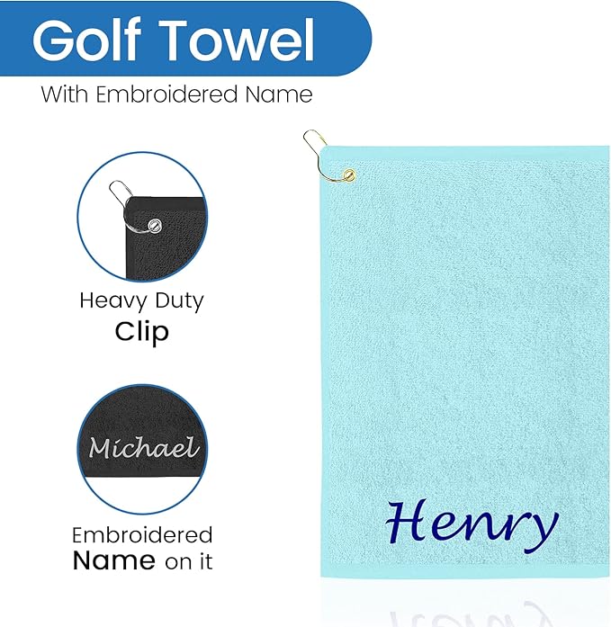Personalized Passion Golf Towel with Embroidered Name - 16"x26" Custom Golf Towels with Clip - Soft & Highly Absorbent Plush Velour - Easily Wipes Away Sweat and Dirt - Gift for Golfers - Turquoise