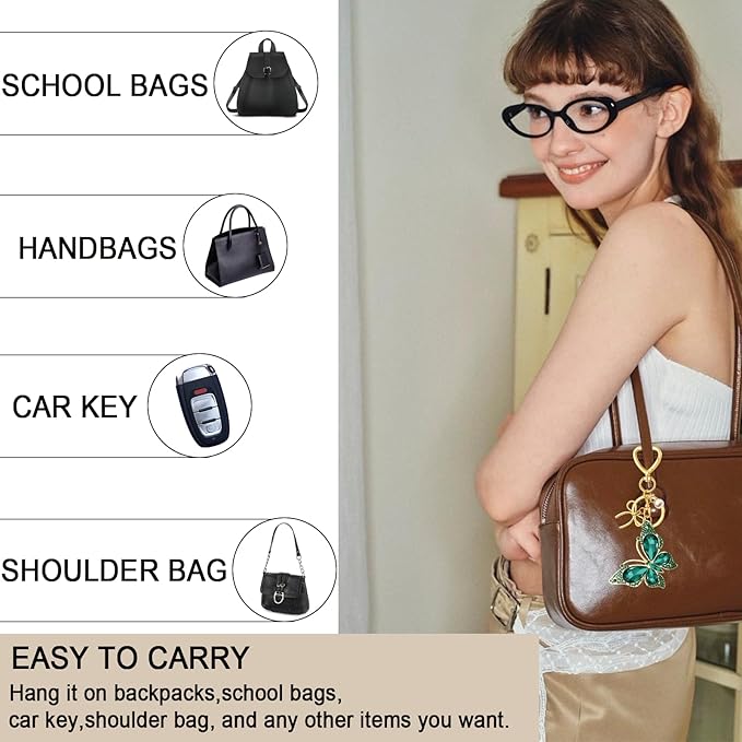Bag Charm Keychain for Women: Cute Bow Keychains with Diamond Butterfly Pendant, Bags Purse Key ring Accessory