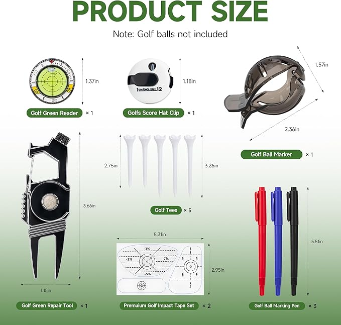 Golf Essentials Kit | Must Have Golf Accessories - Golf Green Reader, Divot Repair Tool, Golf Ball Marker, Golf Score Counter, Golf Tee Holder, Golf Impact Tape, Golf Gifts for Men