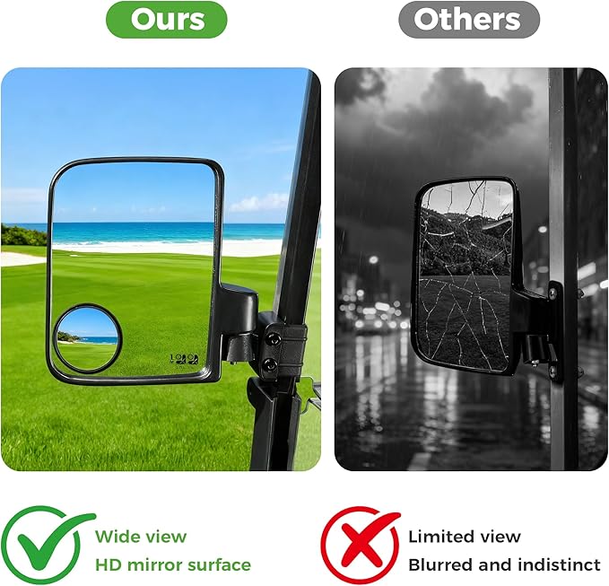10L0L Golf Cart Mirror No Drilling Side Mirrors with Blind Spot Mirrors Universal for Yamaha, Club Car, EZGO, Folding Side Rear View Mirrors Adjustable 180 Degree HD Glass